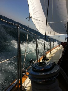 Scout screams down Grand Traverse Bay on the final leg of her delivery to Traverse City.