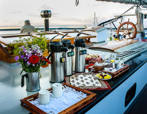 Coffee,tea, and pastry greet us each morning.